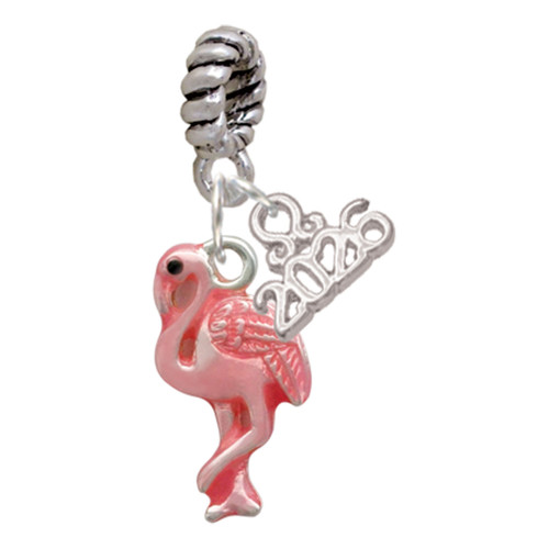 Silver Plated Hot Pink Flamingo - Silver Plated Twist Rope Bead Charm Dangle with Mini Year 2026: Year to Remember Jewelry Gift - Celebrations