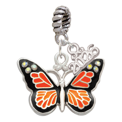 Silver Plated Large Monarch Butterfly with 6 AB Crystals - Silver Plated Twist Rope Bead Charm Dangle with Mini Year 2026: Year to Remember Jewelry Gift - Celebrations