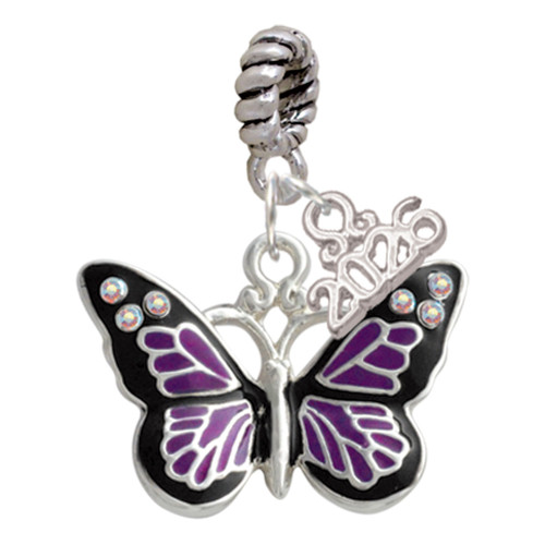 Silver Plated Large Purple Butterfly with 6 AB Crystals - Silver Plated Twist Rope Bead Charm Dangle with Mini Year 2026: Year to Remember Jewelry Gift - Celebrations