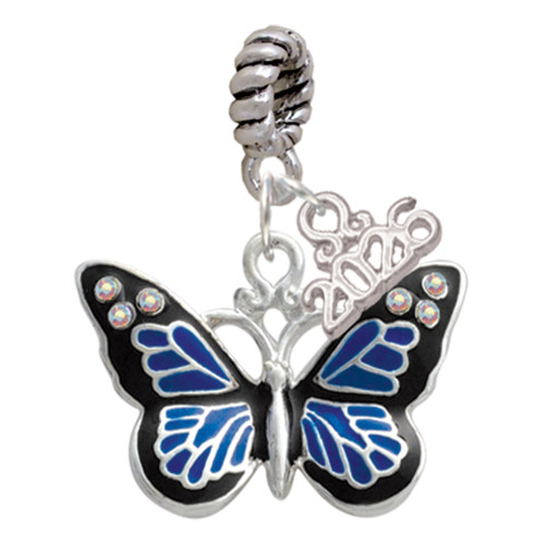 Silver Plated Large Blue Butterfly with 6 AB Crystals - Silver Plated Twist Rope Bead Charm Dangle with Mini Year 2026: Year to Remember Jewelry Gift - Celebrations