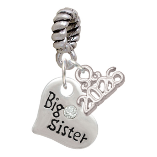 Silver Plated Small ''Big Sister'' Heart with Clear Crystal - Silver Plated Twist Rope Bead Charm Dangle with Mini Year 2026: Year to Remember Jewelry Gift - Celebrations
