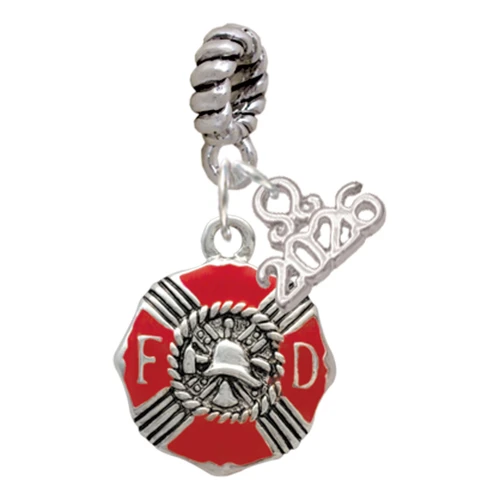 Silver Plated Red Enamel Fire Department Medallion - Silver Plated Twist Rope Bead Charm Dangle with Mini Year 2026: Year to Remember Jewelry Gift - Celebrations