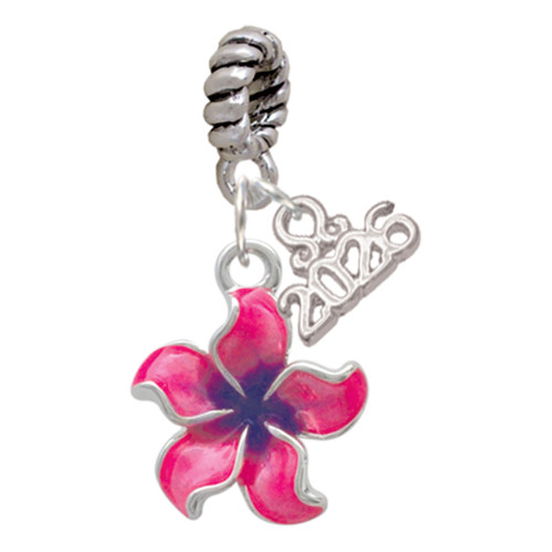Silver Plated Hot Pink and Purple Plumeria Flower - Silver Plated Twist Rope Bead Charm Dangle with Mini Year 2026: Year to Remember Jewelry Gift - Celebrations