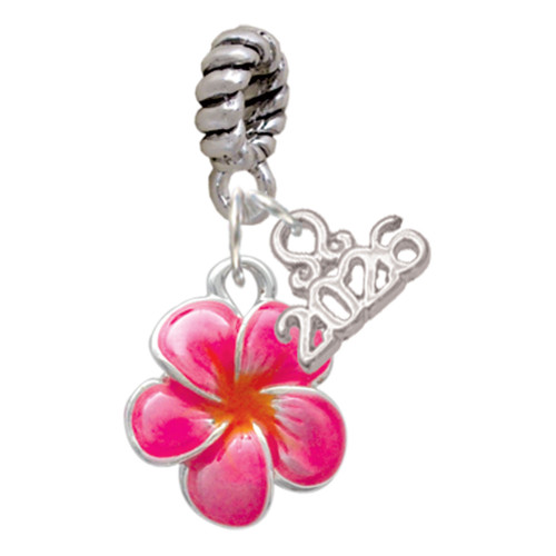 Silver Plated Hot Pink and Orange Flower - Silver Plated Twist Rope Bead Charm Dangle with Mini Year 2026: Year to Remember Jewelry Gift - Celebrations