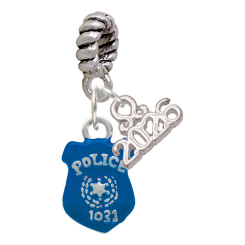 Silver Plated Blue Policeman's Badge - Silver Plated Twist Rope Bead Charm Dangle with Mini Year 2026: Year to Remember Jewelry Gift - Celebrations