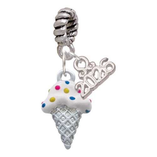 Silver Plated 2-D Vanilla Ice Cream Cone with Sprinkles - Silver Plated Twist Rope Bead Charm Dangle with Mini Year 2026: Year to Remember Jewelry Gift - Celebrations