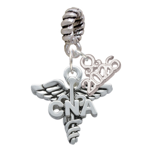 Silver Plated Nurse Caduceus - CNA - Silver Plated Twist Rope Bead Charm Dangle with Mini Year 2026: Year to Remember Jewelry Gift - Celebrations