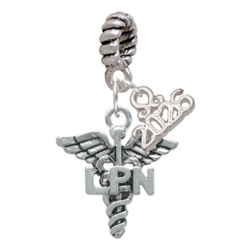 Silver Plated Nurse Caduceus - LPN - Silver Plated Twist Rope Bead Charm Dangle with Mini Year 2026: Year to Remember Jewelry Gift - Celebrations