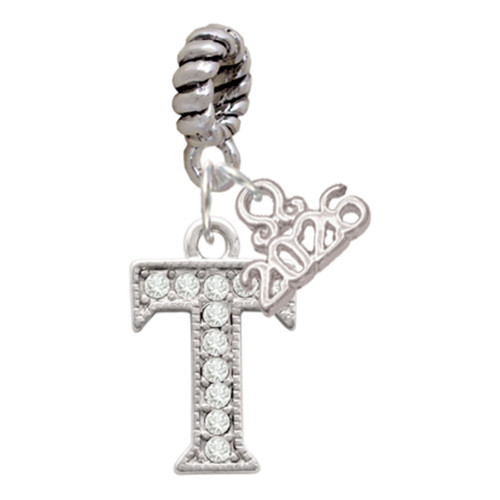Silver Plated Crystal Initial - T - Silver Plated Twist Rope Bead Charm Dangle with Mini Year 2026: Year to Remember Jewelry Gift - Celebrations