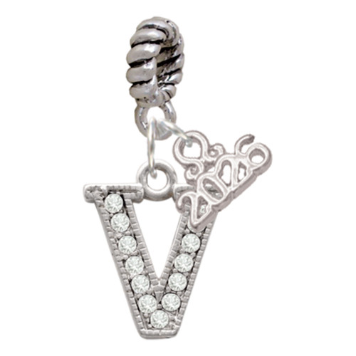 Silver Plated Crystal Initial - V - Silver Plated Twist Rope Bead Charm Dangle with Mini Year 2026: Year to Remember Jewelry Gift - Celebrations