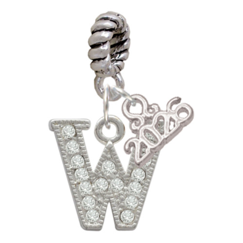 Silver Plated Crystal Initial - W - Silver Plated Twist Rope Bead Charm Dangle with Mini Year 2026: Year to Remember Jewelry Gift - Celebrations
