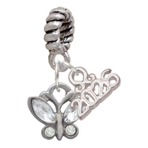 Silver Plated Mini Butterfly with Clear Wings & Crystals - Silver Plated Twist Rope Bead Charm Dangle with Mini Year 2026: Year to Remember Jewelry Gift - Celebrations
