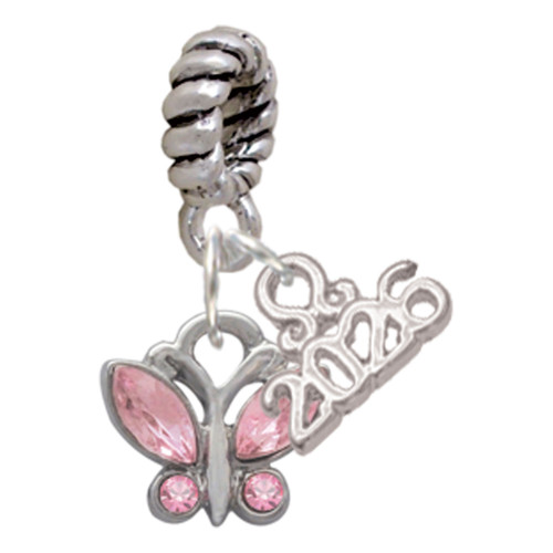 Silver Plated Mini Butterfly with Pink Wings & Crystals - Silver Plated Twist Rope Bead Charm Dangle with Mini Year 2026: Year to Remember Jewelry Gift - Celebrations