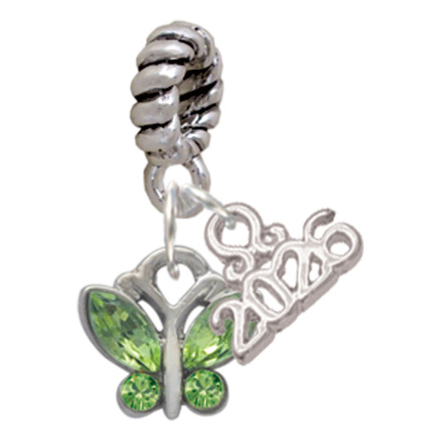 Silver Plated Mini Butterfly with Green Wings & Crystals - Silver Plated Twist Rope Bead Charm Dangle with Mini Year 2026: Year to Remember Jewelry Gift - Celebrations