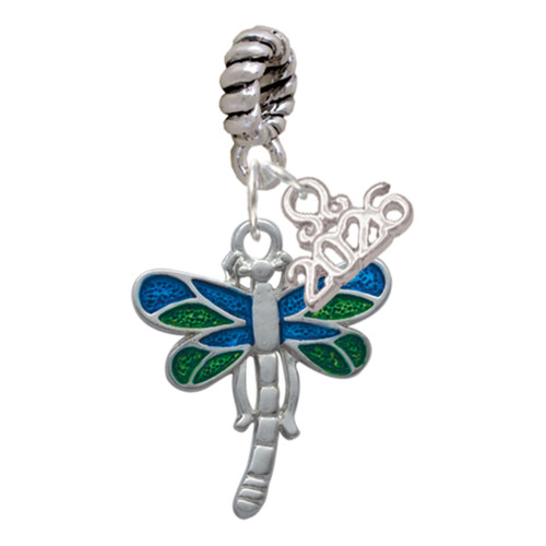 Silver Plated Dragonfly with Green & Blue Wings - Silver Plated Twist Rope Bead Charm Dangle with Mini Year 2026: Year to Remember Jewelry Gift - Celebrations