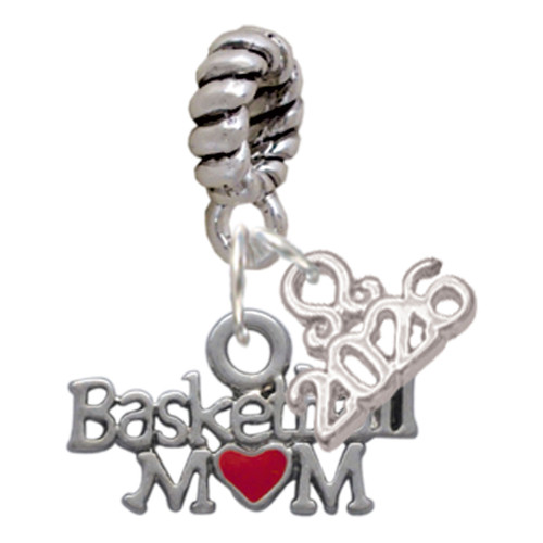 Silver Plated Basketball Mom with Red Heart - Silver Plated Twist Rope Bead Charm Dangle with Mini Year 2026: Year to Remember Jewelry Gift - Celebrations