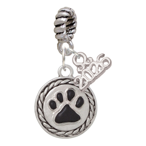 Silver Plated Black Paw in Rope Border - Silver Plated Twist Rope Bead Charm Dangle with Mini Year 2026: Year to Remember Jewelry Gift - Celebrations
