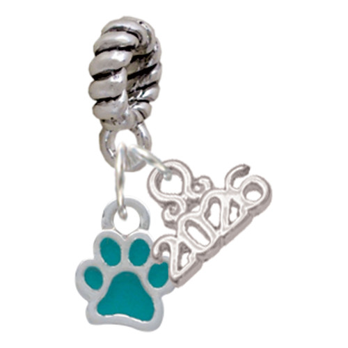 Silver Plated Mini Translucent Teal Paw - Silver Plated Twist Rope Bead Charm Dangle with Mini Year 2026: Year to Remember Jewelry Gift - Celebrations