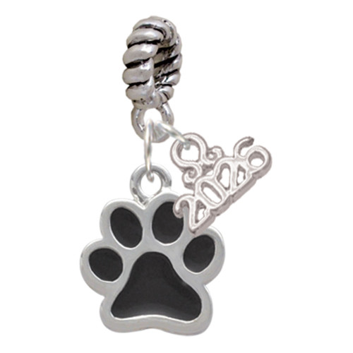 Silver Plated Medium Black Paw - Silver Plated Twist Rope Bead Charm Dangle with Mini Year 2026: Year to Remember Jewelry Gift - Celebrations