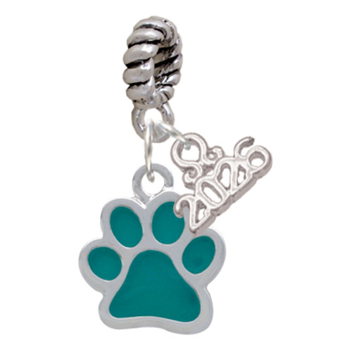 Silver Plated Medium Translucent Teal Paw - Silver Plated Twist Rope Bead Charm Dangle with Mini Year 2026: Year to Remember Jewelry Gift - Celebrations