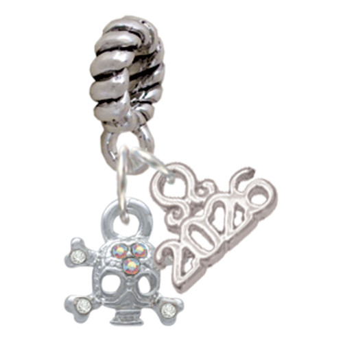 Silver Plated Mini Skull and Bones with 3 AB Crystals - Silver Plated Twist Rope Bead Charm Dangle with Mini Year 2026: Year to Remember Jewelry Gift - Celebrations