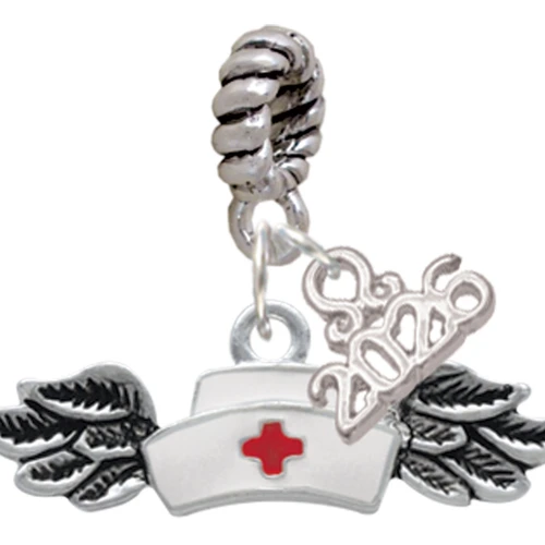 Silver Plated Enamel Nurse Hat with Wings - Silver Plated Twist Rope Bead Charm Dangle with Mini Year 2026: Year to Remember Jewelry Gift - Celebrations
