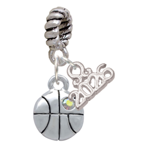 Silver Plated Small Basketball with a AB Crystal - Silver Plated Twist Rope Bead Charm Dangle with Mini Year 2026: Year to Remember Jewelry Gift - Celebrations
