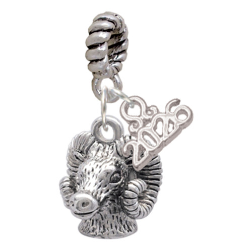 Silver Plated Medium 3-D Ram Head - Silver Plated Twist Rope Bead Charm Dangle with Mini Year 2026: Year to Remember Jewelry Gift - Celebrations