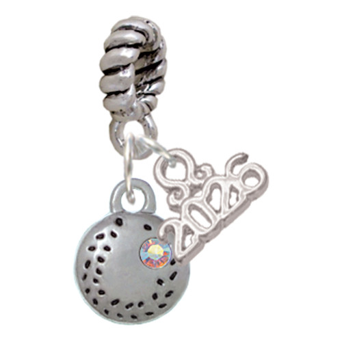 Silver Plated Mini Softball/Baseball with AB Crystal - Silver Plated Twist Rope Bead Charm Dangle with Mini Year 2026: Year to Remember Jewelry Gift - Celebrations