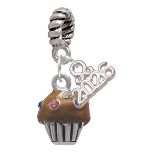 Silver Plated Small Chocolate Cupcake with Crystal Sprinkles - Silver Plated Twist Rope Bead Charm Dangle with Mini Year 2026: Year to Remember Jewelry Gift - Celebrations