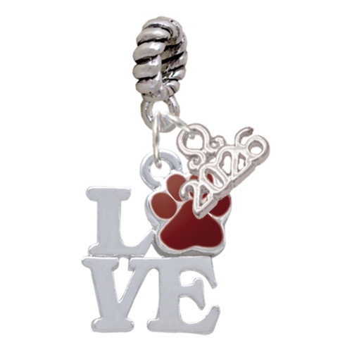 Silver Plated Love with Maroon Paw - Silver Plated Twist Rope Bead Charm Dangle with Mini Year 2026: Year to Remember Jewelry Gift - Celebrations