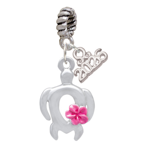 Silver Plated Open Sea Turtle with Hot Pink Plumeria - Silver Plated Twist Rope Bead Charm Dangle with Mini Year 2026: Year to Remember Jewelry Gift - Celebrations
