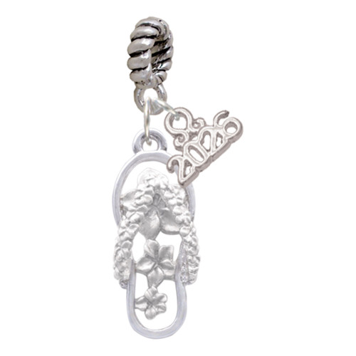 Silver Plated White Open Plumeria Flower Flip Flop - Silver Plated Twist Rope Bead Charm Dangle with Mini Year 2026: Year to Remember Jewelry Gift - Celebrations