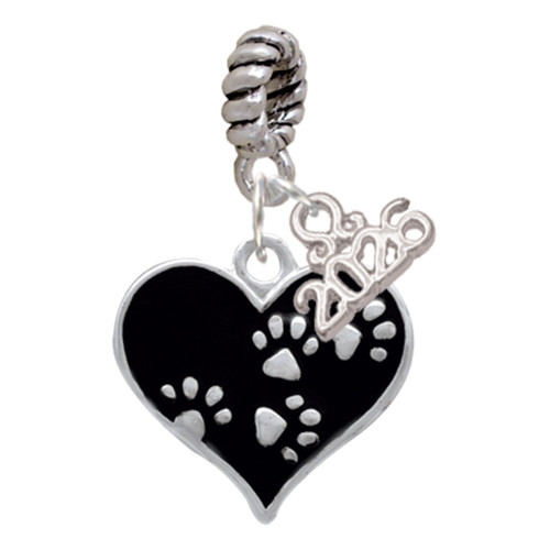 Black Enamel Heart with Paw Prints - Silver Plated Twist Rope Bead Charm Dangle with Mini Year 2026: Year to Remember Jewelry Gift - Celebrations