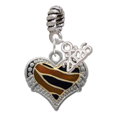Two-tone Enamel Tiger Print Heart - Silver Plated Twist Rope Bead Charm Dangle with Mini Year 2026: Year to Remember Jewelry Gift - Celebrations