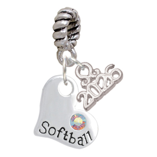 Heart with ''Softball'' and AB Crystal - Silver Plated Twist Rope Bead Charm Dangle with Mini Year 2026: Year to Remember Jewelry Gift - Celebrations