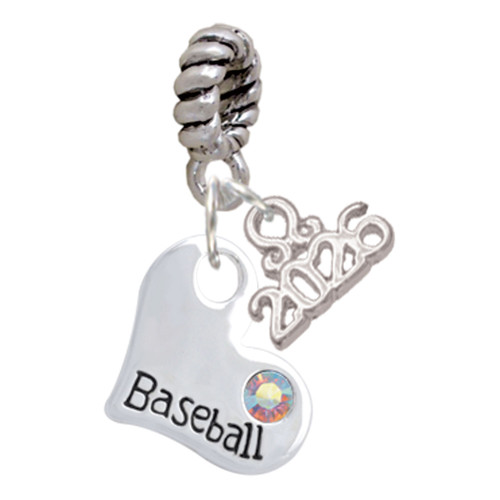 Heart with ''Baseball'' and AB Crystal - Silver Plated Twist Rope Bead Charm Dangle with Mini Year 2026: Year to Remember Jewelry Gift - Celebrations
