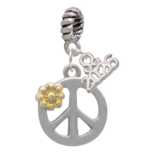 Two-tone Large Peace Sign with Daisy and Crystal - Silver Plated Twist Rope Bead Charm Dangle with Mini Year 2026: Year to Remember Jewelry Gift - Celebrations
