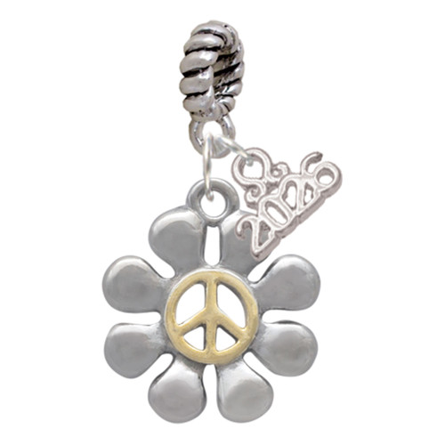 Two-tone Large Daisy with Peace Sign - Silver Plated Twist Rope Bead Charm Dangle with Mini Year 2026: Year to Remember Jewelry Gift - Celebrations
