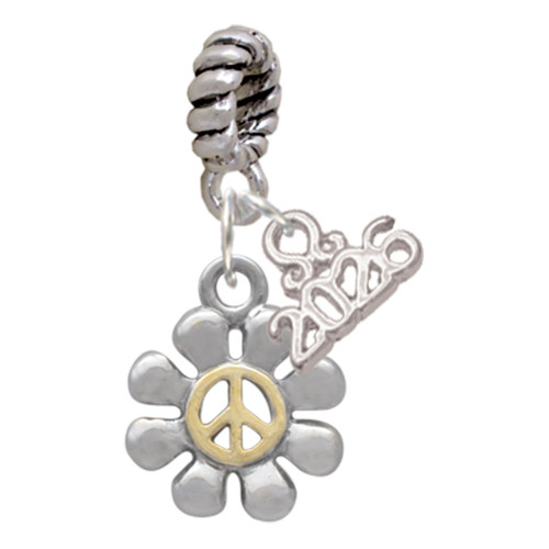 Two-tone Small Daisy with Peace Sign - Silver Plated Twist Rope Bead Charm Dangle with Mini Year 2026: Year to Remember Jewelry Gift - Celebrations