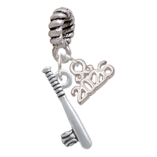 Silver Plated Baseball Bat and Ball - Silver Plated Twist Rope Bead Charm Dangle with Mini Year 2026: Year to Remember Jewelry Gift - Celebrations