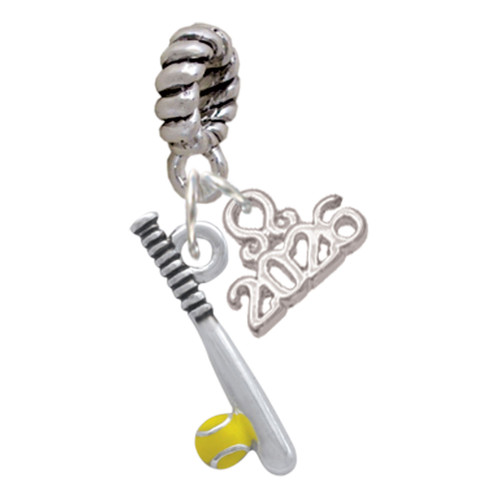 Silver Plated Enamel Softball and Bat - Silver Plated Twist Rope Bead Charm Dangle with Mini Year 2026: Year to Remember Jewelry Gift - Celebrations
