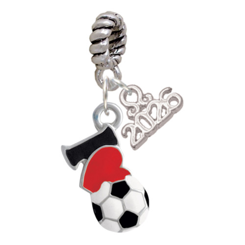 Silver Plated I love Soccer - Red Heart - Silver Plated Twist Rope Bead Charm Dangle with Mini Year 2026: Year to Remember Jewelry Gift - Celebrations