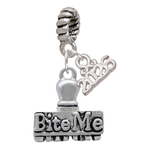 Silver Plated 3-D ''Bite Me'' Stamp - Silver Plated Twist Rope Bead Charm Dangle with Mini Year 2026: Year to Remember Jewelry Gift - Celebrations