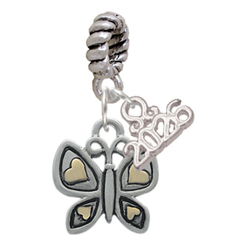 Two-tone Butterfly with Hearts - Silver Plated Twist Rope Bead Charm Dangle with Mini Year 2026: Year to Remember Jewelry Gift - Celebrations