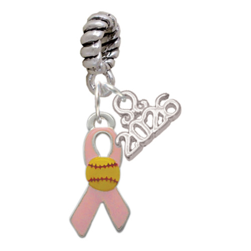 Silver Plated Pink Ribbon with Softball - Silver Plated Twist Rope Bead Charm Dangle with Mini Year 2026: Year to Remember Jewelry Gift - Celebrations