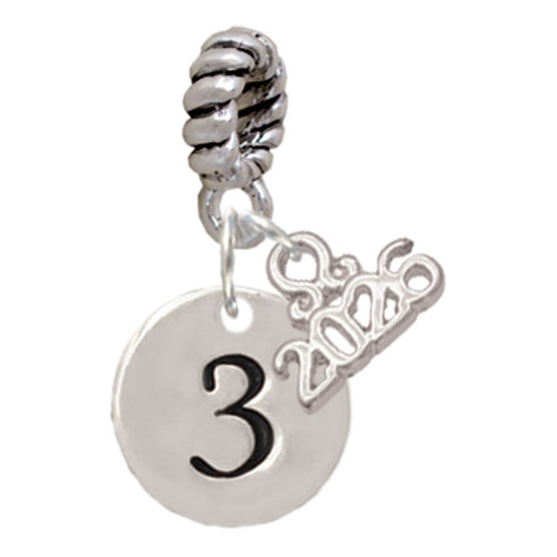 Silver Plated Disc Number - 3 - Silver Plated Twist Rope Bead Charm Dangle with Mini Year 2026: Year to Remember Jewelry Gift - Celebrations