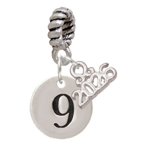 Silver Plated Disc Number - 9 - Silver Plated Twist Rope Bead Charm Dangle with Mini Year 2026: Year to Remember Jewelry Gift - Celebrations