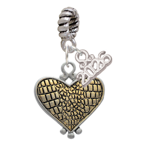 Two-tone Alligator Print Heart - Silver Plated Twist Rope Bead Charm Dangle with Mini Year 2026: Year to Remember Jewelry Gift - Celebrations