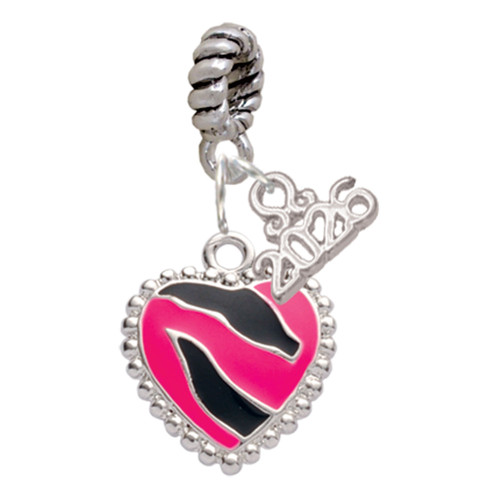 Silver Plated Hot Pink Zebra Print Heart - Silver Plated Twist Rope Bead Charm Dangle with Mini Year 2026: Year to Remember Jewelry Gift - Celebrations